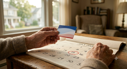 An older adult holding a Medicare card next to a circled calendar date, illustrating the HSA contribution cutoff at Medicare enrollment