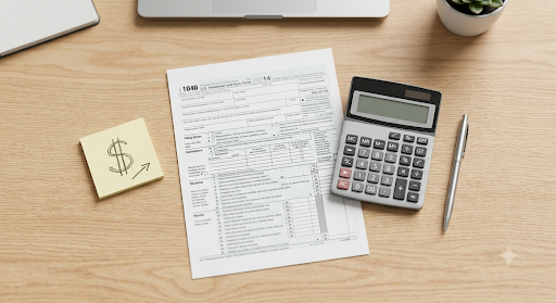 A desk flatlay with a calculator and IRS form, illustrating HSA contribution limit planning