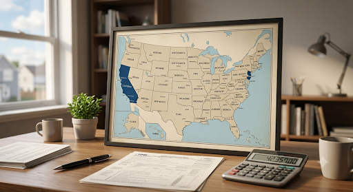 A US map highlighting California and New Jersey next to a tax document, illustrating the two states that tax HSA growth
