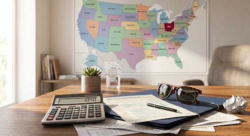 A US map highlighting Florida next to a closed tax folder, illustrating that Florida has no state income tax to complicate HSA treatment