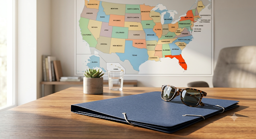 A US map highlighting Illinois next to a tax document, illustrating Illinois's full conformity to federal HSA tax treatment