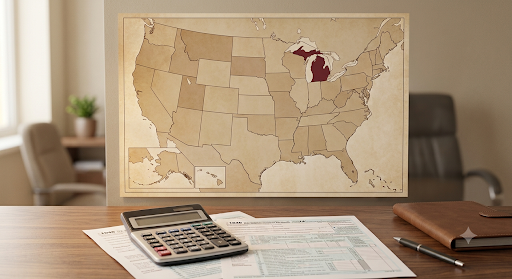A US map highlighting Michigan next to a tax document, illustrating Michigan's full conformity to federal HSA tax treatment