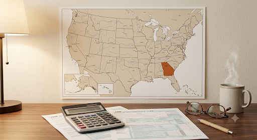 A US map highlighting New York next to a tax document, illustrating that New York State conforms to federal HSA tax treatment while New York City does not