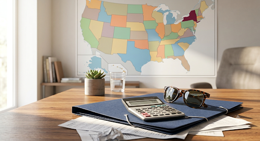A US map highlighting Texas next to a closed tax folder, illustrating that Texas has no state income tax to complicate HSA treatment
