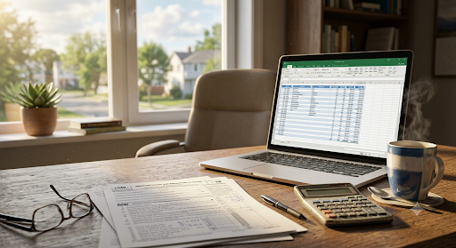 A self-employed worker's desk with a tax form and laptop, illustrating self-employed HSA deductions